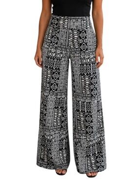 Superline Black White Printed Fold Over Yoga Waistband Wide Leg Palazzo Pants